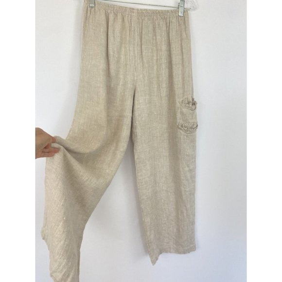 B Hadikusumo M Linen Pull on Pant Wide Leg Beige Elastic Waist Lagenlook - Picture 2 of 9